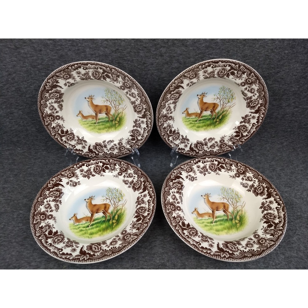 Spode Woodland Rimmed Soup Bowls Set/4 Deer Motif British Flowers Border England